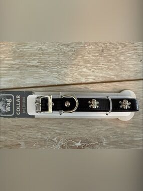 New Medium Black Dog Collar with Silver Skull Accents - gift.  Biker.